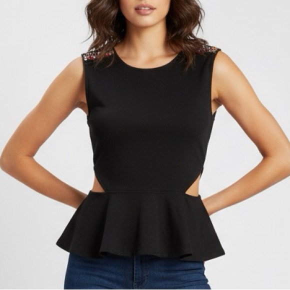 Y2k Material Girl Sequin Shoulder Cut Out Peplum Top Black Large Party Fairy